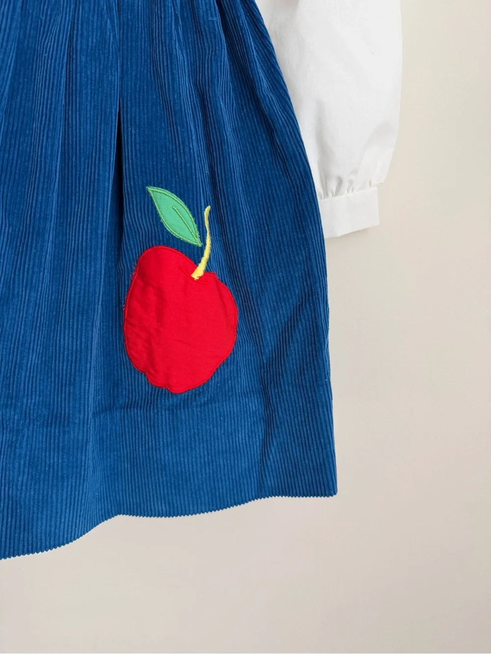 Girls Vintage Blue Velvet Apple Appliqué Dress with White PeterPan Collar Blouse